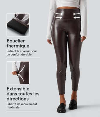 Legging skinny en simili stretch doublé polaire imprimé serpent taille haute gainant avec poches Legging skinny en simili stretch doublé polaire imprimé serpent taille haute gainant avec poches