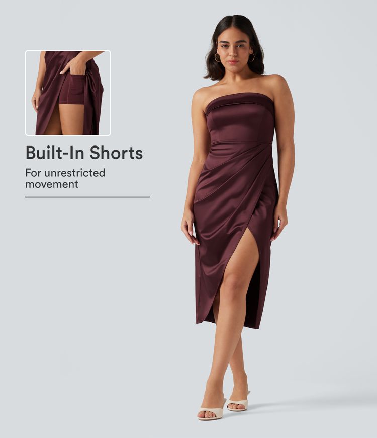XS(Regular) Zinfandel Tube 2-in-1 Bodycon Satin Midi Party Dress