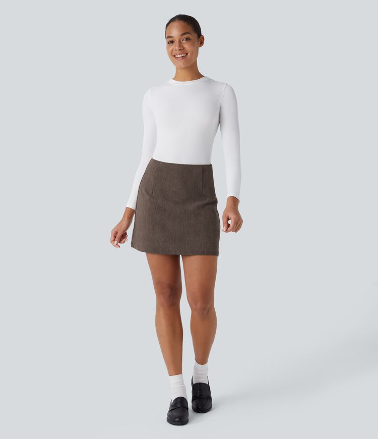 Jupe décontractée 2-en-1 en velours côtelé à taille haute, coupe évasée, longueur mini allongée et zip invisible