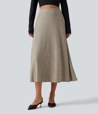 Ribbed Knit High Waisted A-Line Midi Party Skirt Ribbed Knit High Waisted A-Line Midi Party Skirt