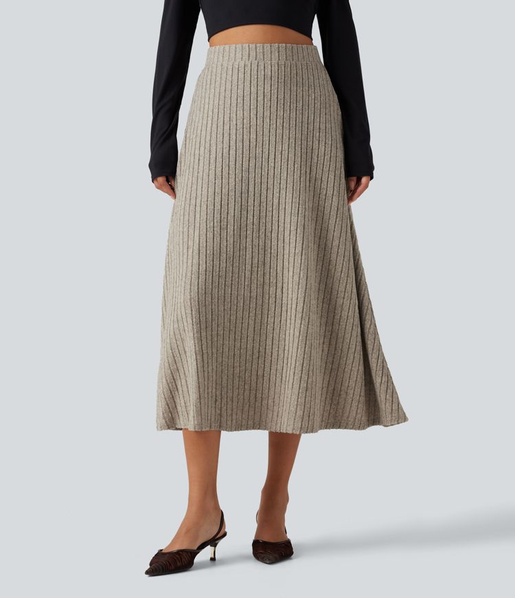 Ribbed Knit High Waisted A-Line Midi Party Skirt Ribbed Knit High Waisted A-Line Midi Party Skirt