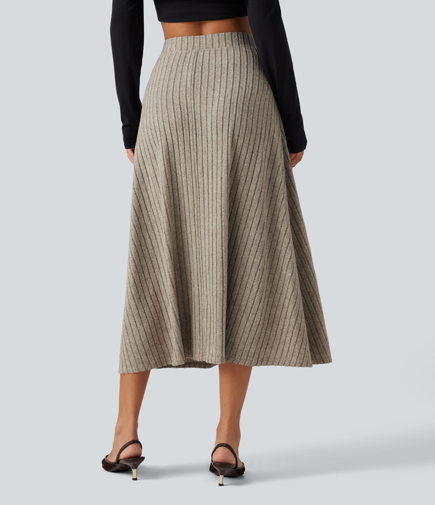 Ribbed Knit High Waisted A-Line Midi Party Skirt Ribbed Knit High Waisted A-Line Midi Party Skirt