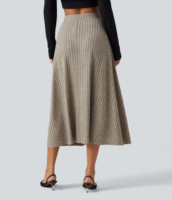 Ribbed Knit High Waisted A-Line Midi Party Skirt Ribbed Knit High Waisted A-Line Midi Party Skirt