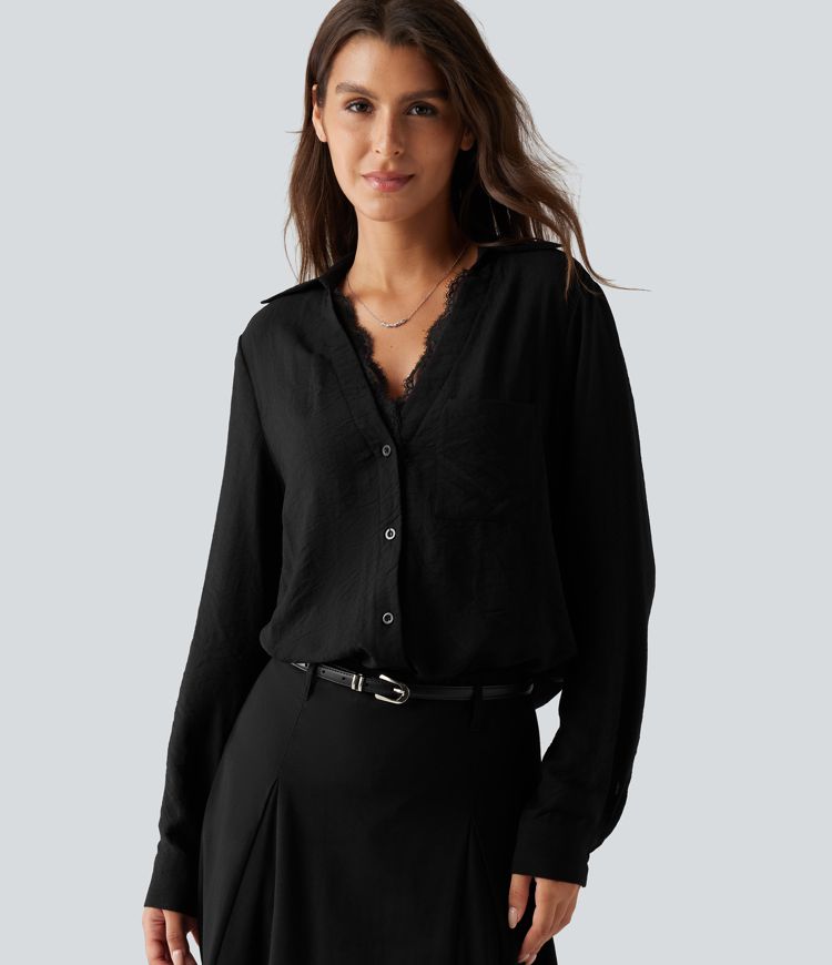Chemise de bureau à encolure en V, manches longues, dentelle contrastée et poche