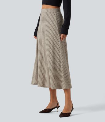 Ribbed Knit High Waisted A-Line Midi Party Skirt Ribbed Knit High Waisted A-Line Midi Party Skirt