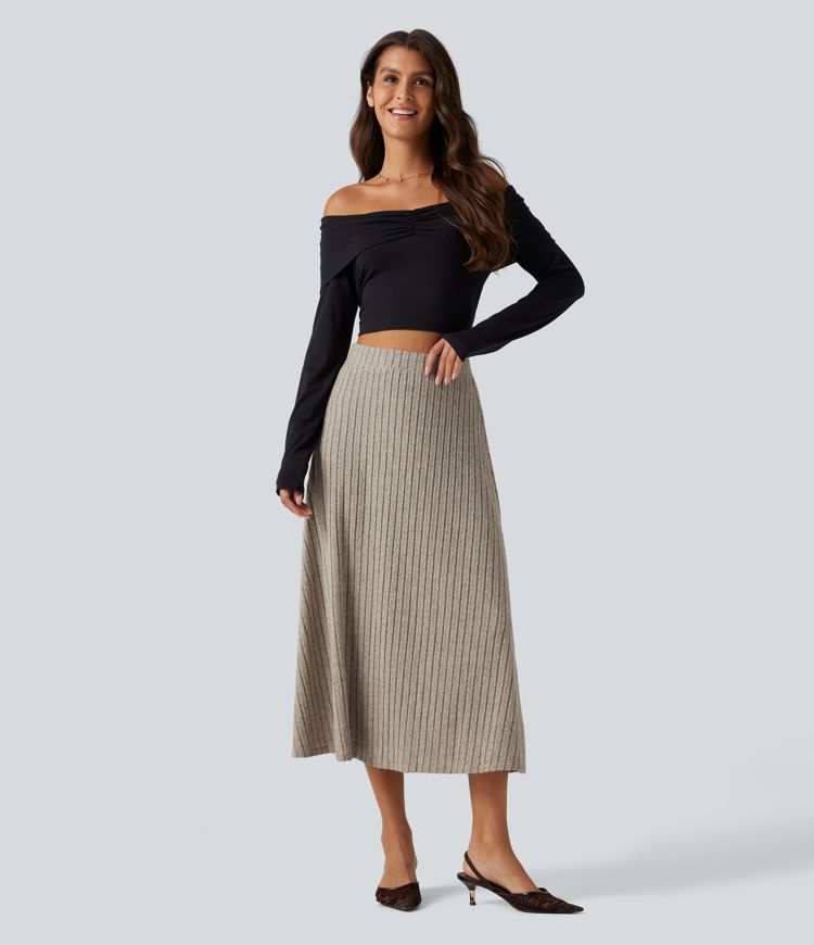 Ribbed Knit High Waisted A-Line Midi Party Skirt Ribbed Knit High Waisted A-Line Midi Party Skirt