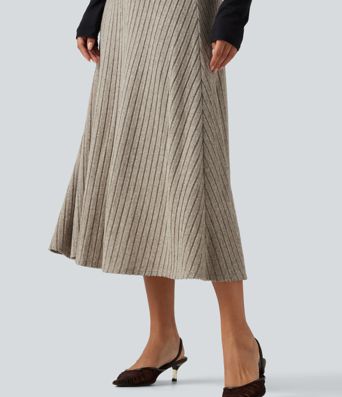 Ribbed Knit High Waisted A-Line Midi Party Skirt Ribbed Knit High Waisted A-Line Midi Party Skirt