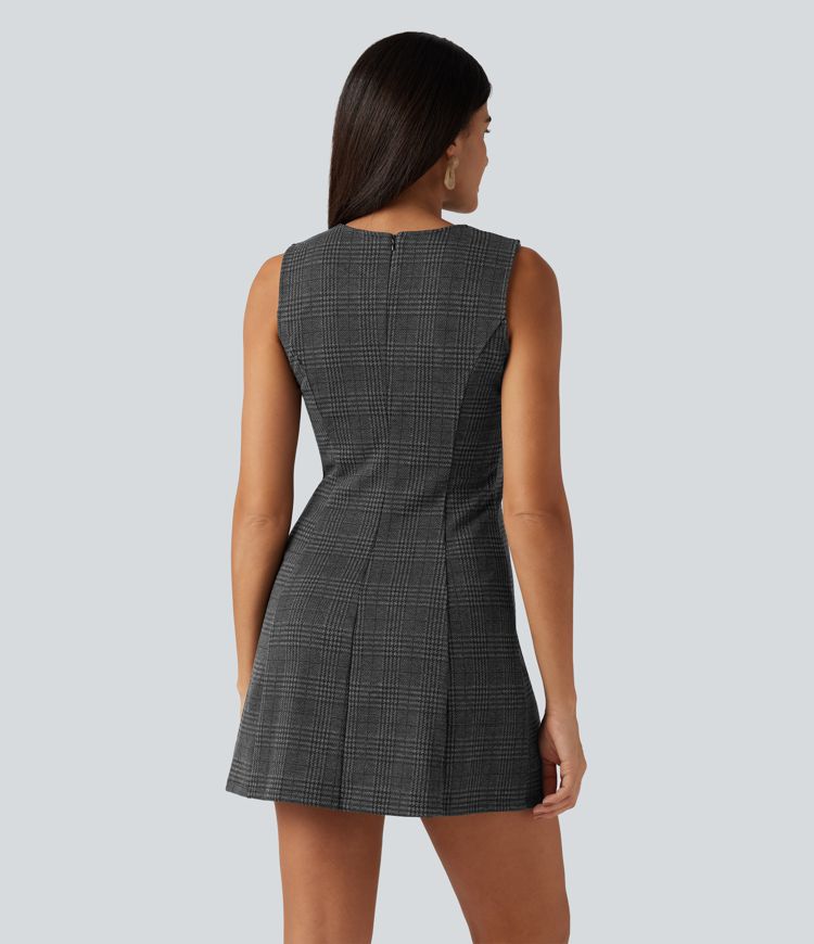 Round Neck Sleeveless Houndstooth Plaid Mini Work Dress Round Neck Sleeveless Houndstooth Plaid Mini Work Dress