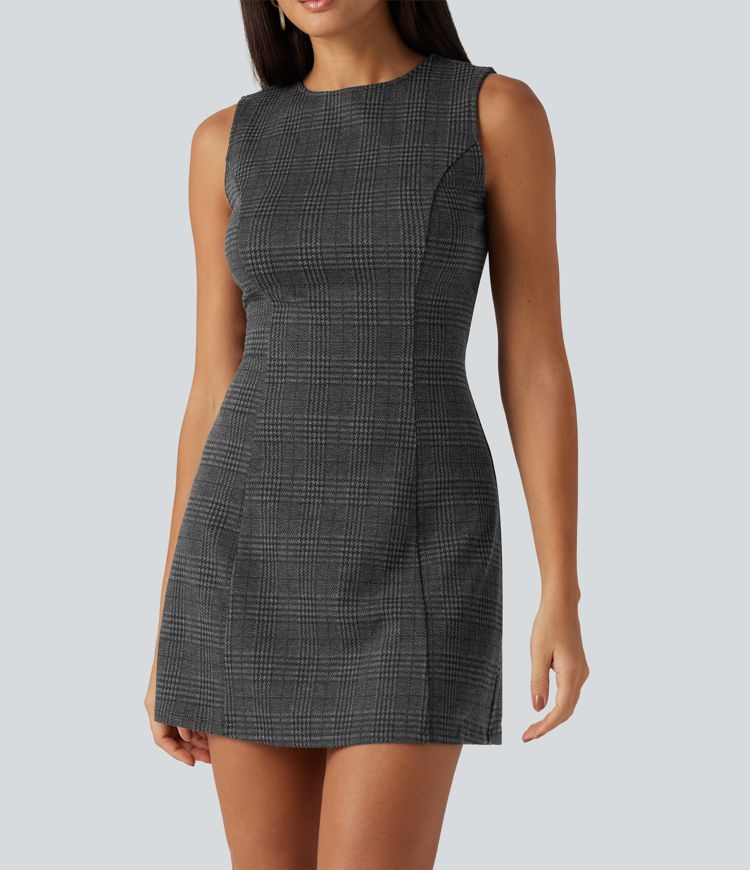 Round Neck Sleeveless Houndstooth Plaid Mini Work Dress Round Neck Sleeveless Houndstooth Plaid Mini Work Dress