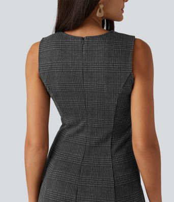 Round Neck Sleeveless Houndstooth Plaid Mini Work Dress Round Neck Sleeveless Houndstooth Plaid Mini Work Dress