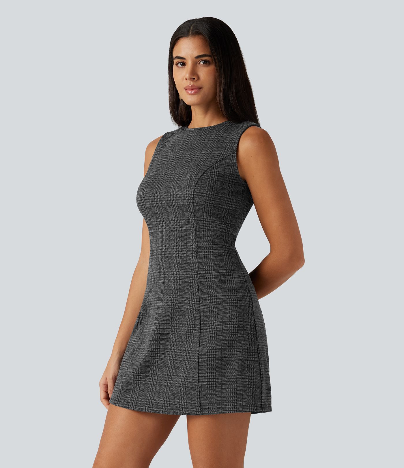 Round Neck Sleeveless Houndstooth Plaid Mini Work Dress Round Neck Sleeveless Houndstooth Plaid Mini Work Dress