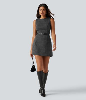 Round Neck Sleeveless Houndstooth Plaid Mini Work Dress Round Neck Sleeveless Houndstooth Plaid Mini Work Dress