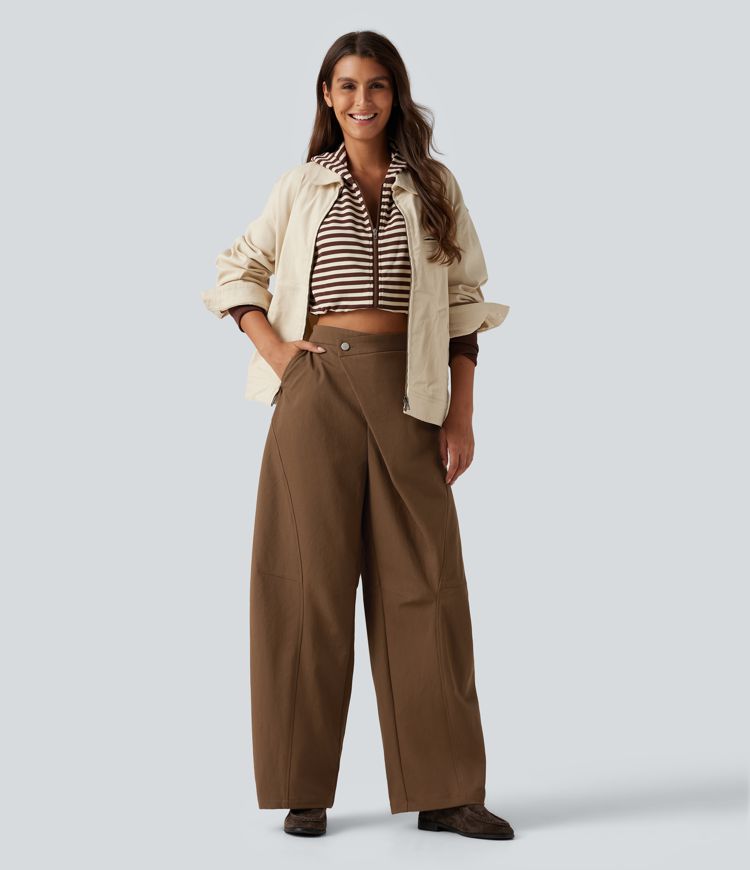 Mid Rise Asymmetric Baggy Casual Pants with Pockets