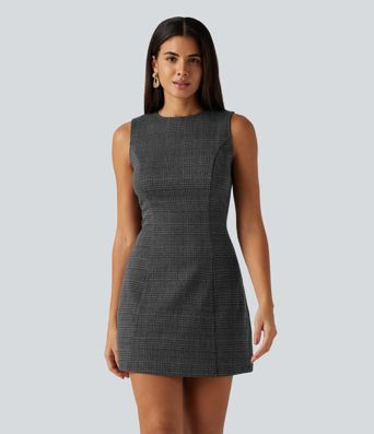 Round Neck Sleeveless Houndstooth Plaid Mini Work Dress Round Neck Sleeveless Houndstooth Plaid Mini Work Dress