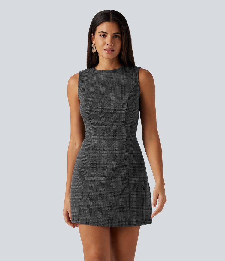 Round Neck Sleeveless Houndstooth Plaid Mini Work Dress Round Neck Sleeveless Houndstooth Plaid Mini Work Dress