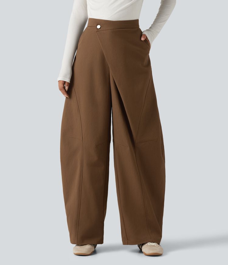 Mid Rise Asymmetric Baggy Casual Pants with Pockets