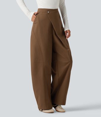Mid Rise Asymmetric Baggy Casual Pants with Pockets