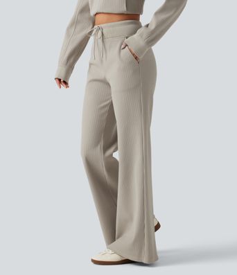 High Waisted Drawstring Waffle Baggy Casual Pants with Pockets