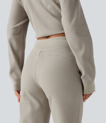 High Waisted Drawstring Waffle Baggy Casual Pants with Pockets