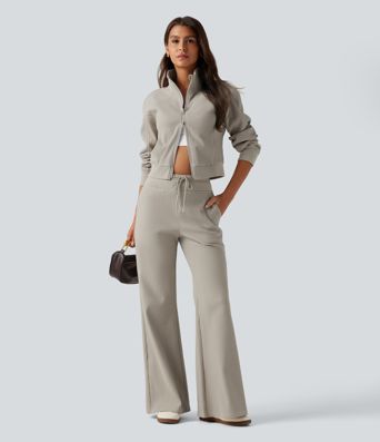 High Waisted Drawstring Waffle Baggy Casual Pants with Pockets