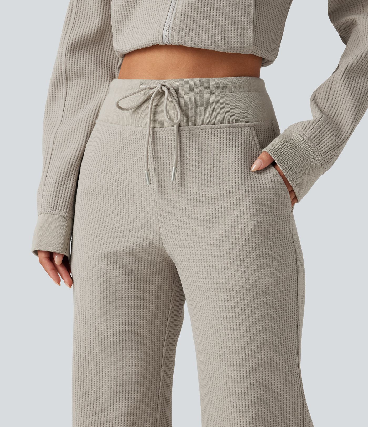 High Waisted Drawstring Waffle Baggy Casual Pants with Pockets