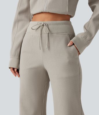 High Waisted Drawstring Waffle Baggy Casual Pants with Pockets