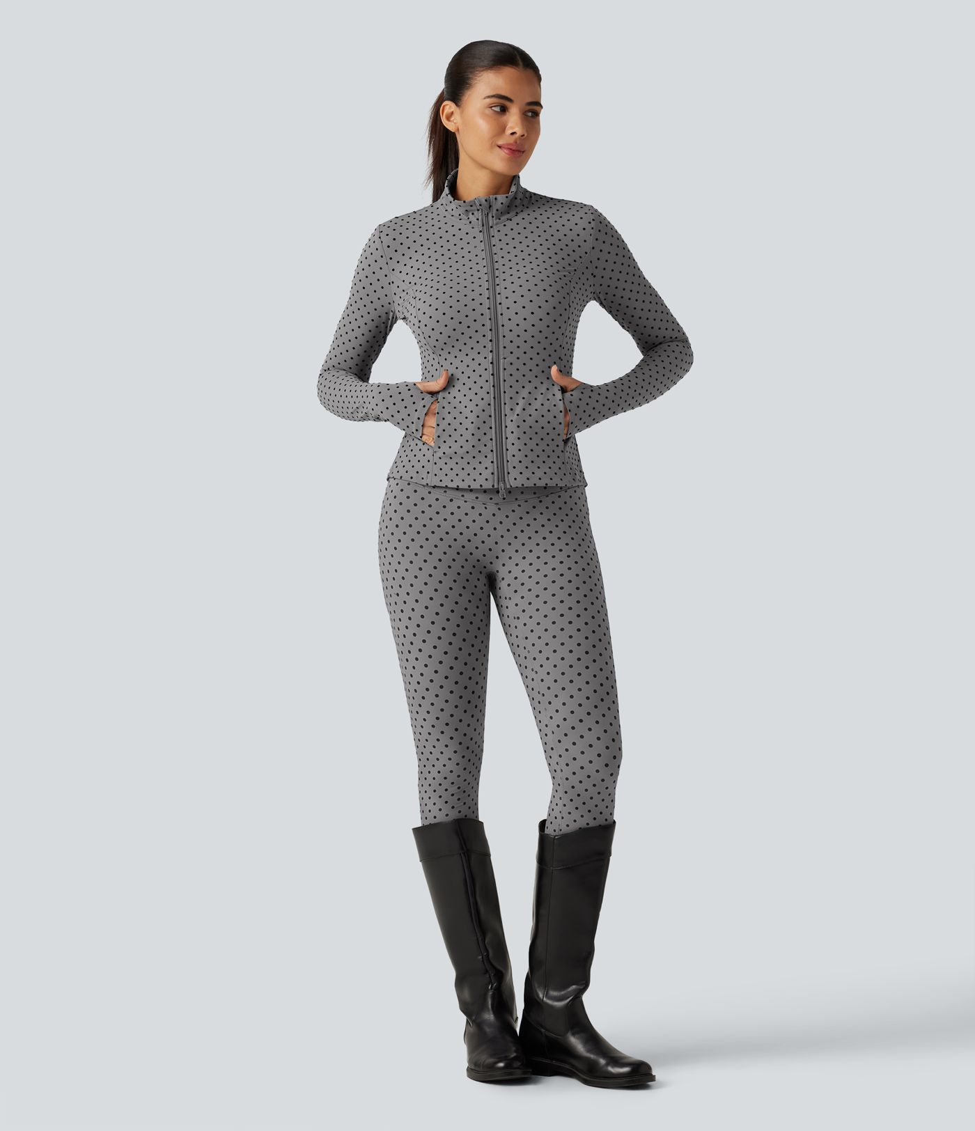 Halara UltraSculpt™ Stand Collar Long Sleeve Thumb Hole Pleated Polka Dot Yoga Jacket with Pockets