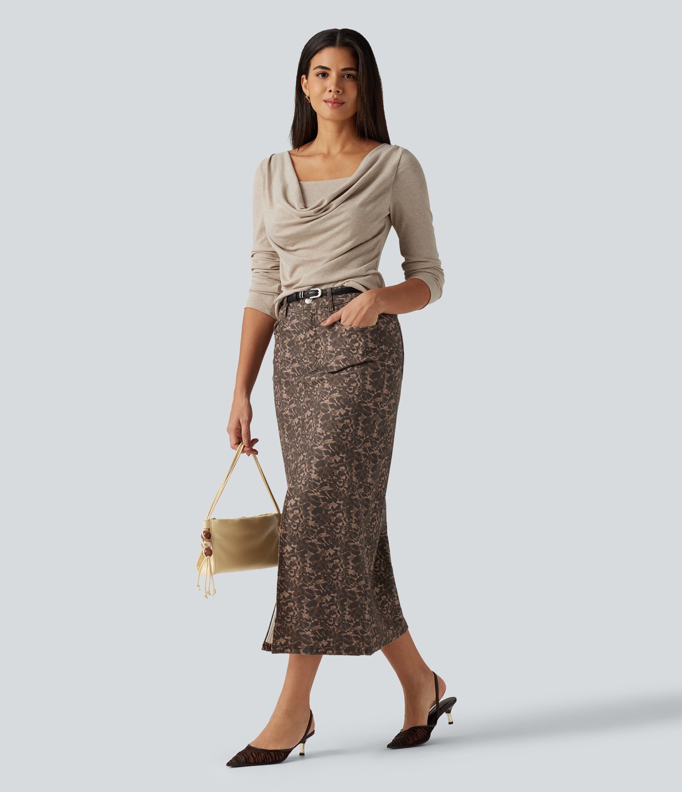 Cowl Neck Long Sleeve Ruched 2-in-1 Casual T-Shirt