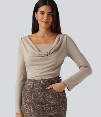Cowl Neck Long Sleeve Ruched 2-in-1 Casual T-Shirt