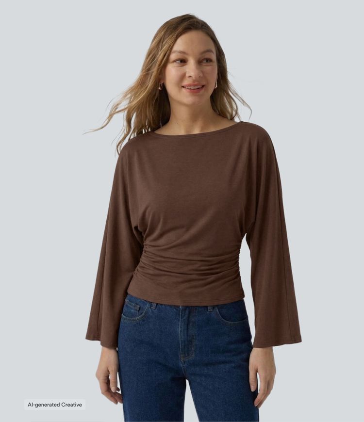 Boat Neck Flounce Long Sleeve Ruched Curved Hem Casual Top
