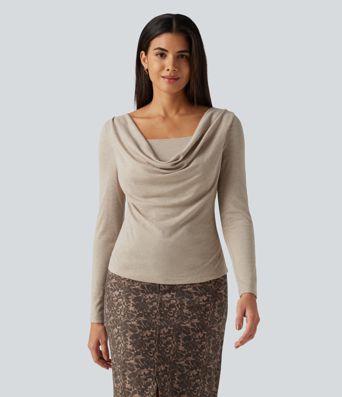 Cowl Neck Long Sleeve Ruched 2-in-1 Casual T-Shirt