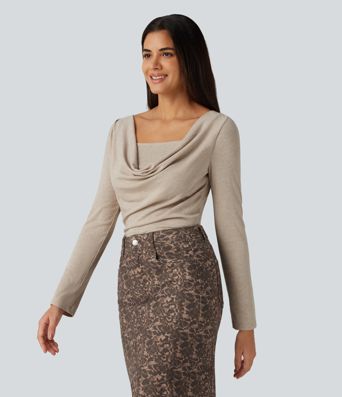 Cowl Neck Long Sleeve Ruched 2-in-1 Casual T-Shirt