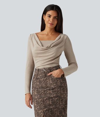 Cowl Neck Long Sleeve Ruched 2-in-1 Casual T-Shirt