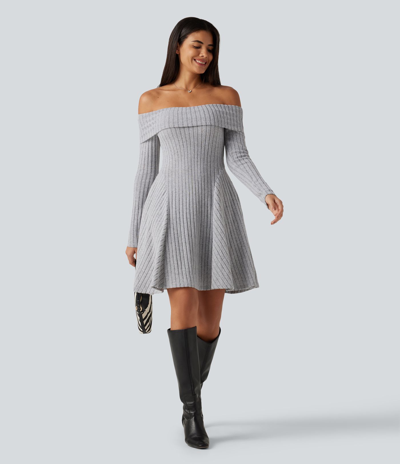 Ribbed Knit Off Shoulder Long Sleeve Built-in Bra Mini Casual Dress with Pockets Ribbed Knit Off Shoulder Long Sleeve Built-in Bra Mini Casual Dress with Pockets