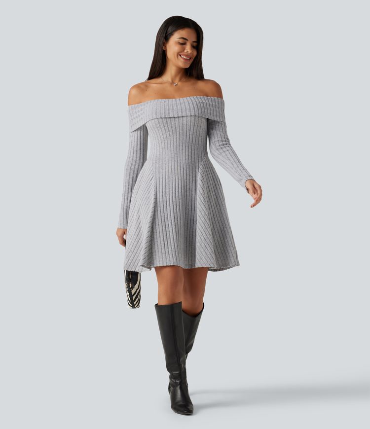 Ribbed Knit Off Shoulder Long Sleeve Built-in Bra Mini Casual Dress with Pockets Ribbed Knit Off Shoulder Long Sleeve Built-in Bra Mini Casual Dress with Pockets