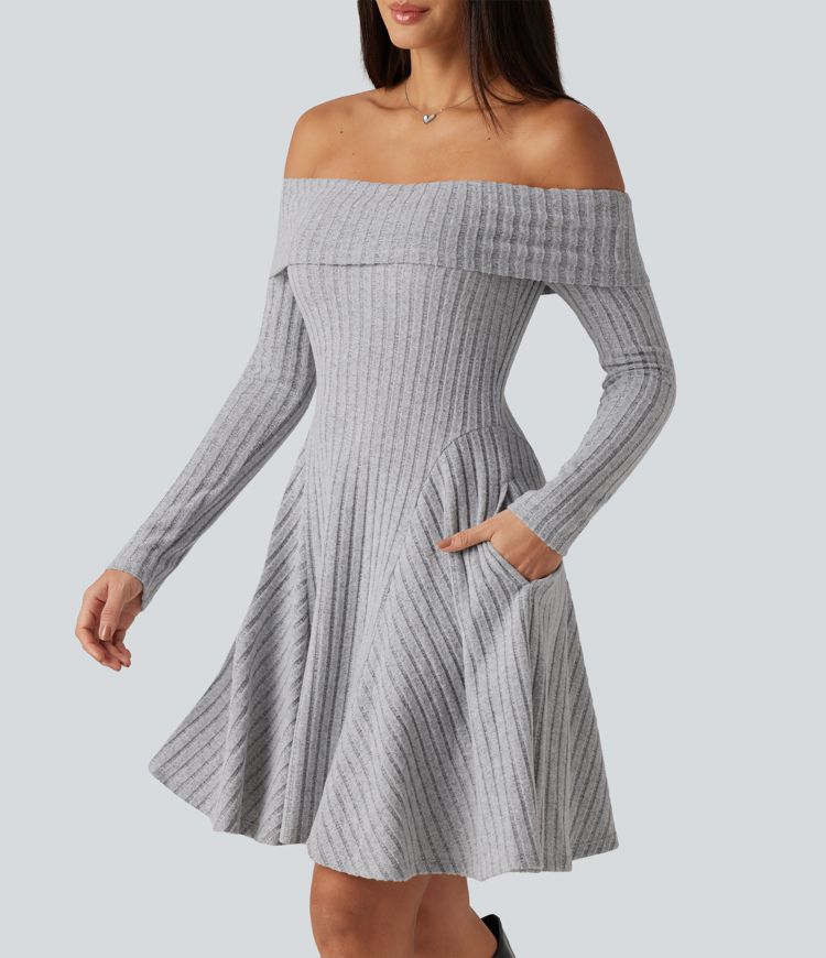 Ribbed Knit Off Shoulder Long Sleeve Built-in Bra Mini Casual Dress with Pockets Ribbed Knit Off Shoulder Long Sleeve Built-in Bra Mini Casual Dress with Pockets
