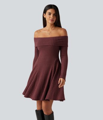 Ribbed Knit Off Shoulder Long Sleeve Built-in Bra Mini Casual Dress with Pockets