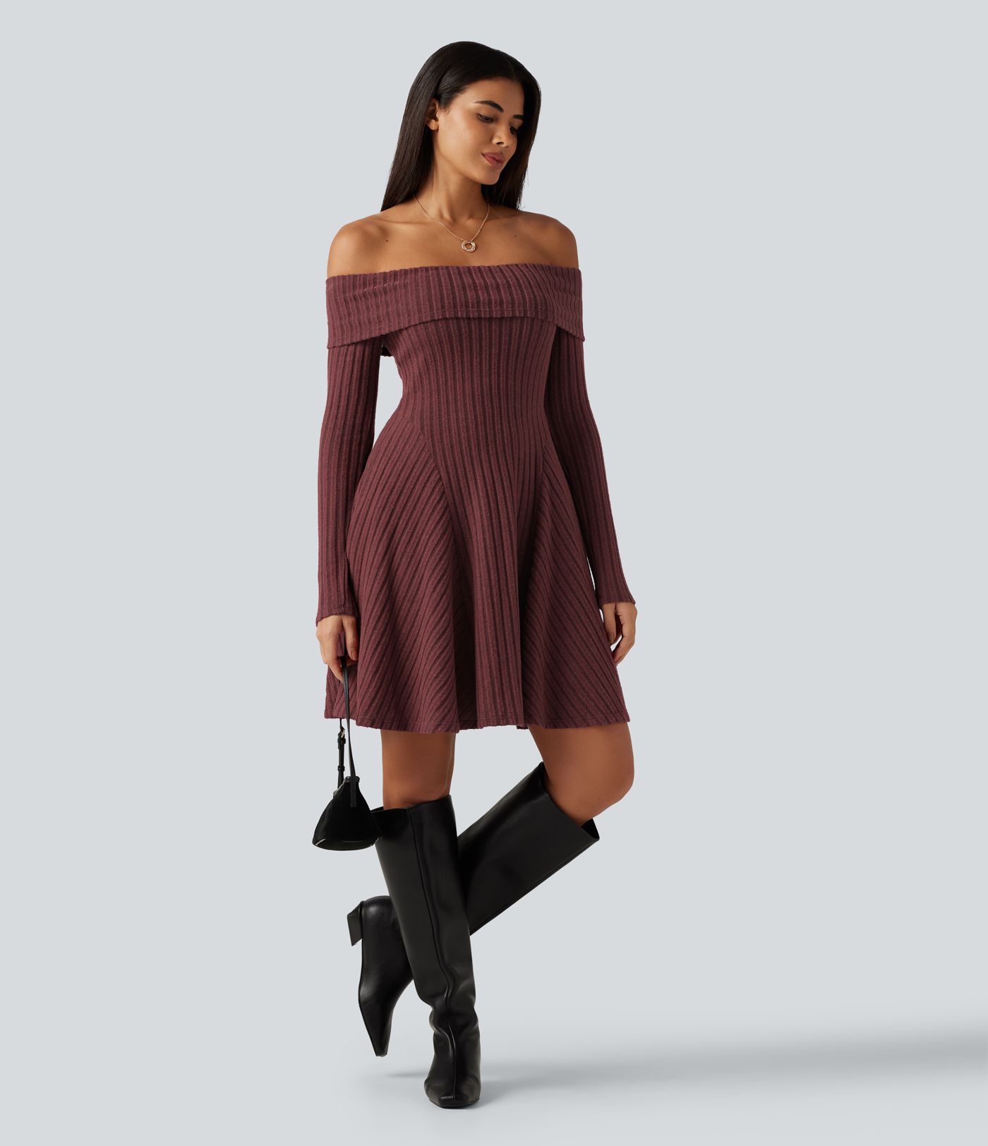 Ribbed Knit Off Shoulder Long Sleeve Built-in Bra Mini Casual Dress with Pockets