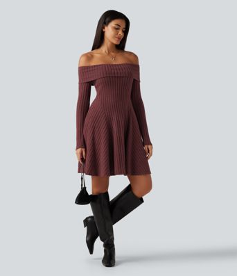 Ribbed Knit Off Shoulder Long Sleeve Built-in Bra Mini Casual Dress with Pockets