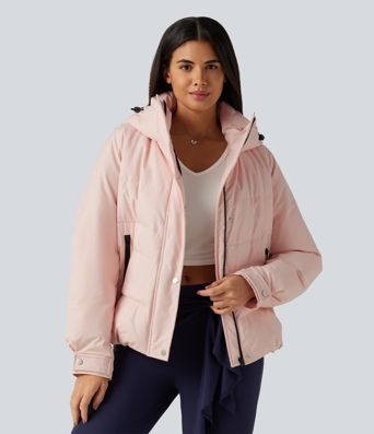 Hooded Long Sleeve Plaid Casual Down Jacket with Pockets