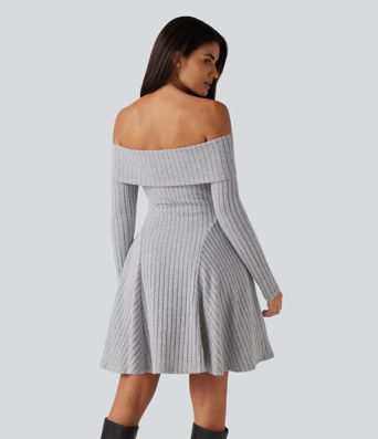 Ribbed Knit Off Shoulder Long Sleeve Built-in Bra Mini Casual Dress with Pockets Ribbed Knit Off Shoulder Long Sleeve Built-in Bra Mini Casual Dress with Pockets