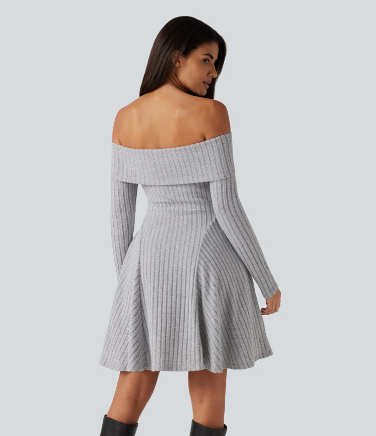Ribbed Knit Off Shoulder Long Sleeve Built-in Bra Mini Casual Dress with Pockets Ribbed Knit Off Shoulder Long Sleeve Built-in Bra Mini Casual Dress with Pockets