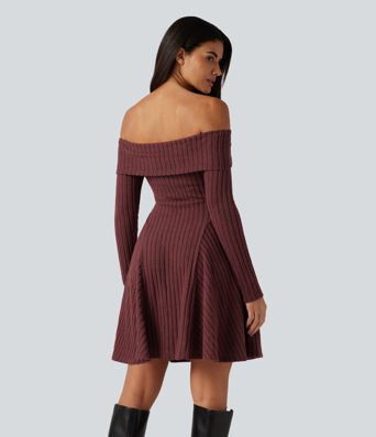Ribbed Knit Off Shoulder Long Sleeve Built-in Bra Mini Casual Dress with Pockets