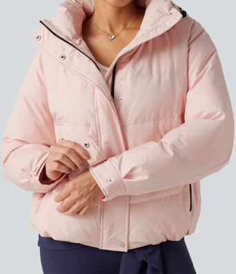 Hooded Long Sleeve Plaid Casual Down Jacket with Pockets