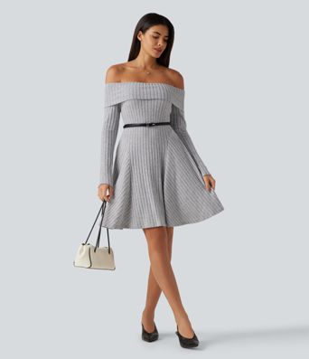 Ribbed Knit Off Shoulder Long Sleeve Built-in Bra Mini Casual Dress with Pockets Ribbed Knit Off Shoulder Long Sleeve Built-in Bra Mini Casual Dress with Pockets