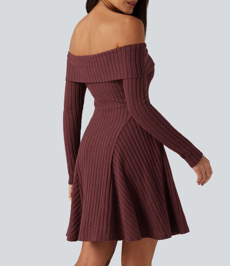 Ribbed Knit Off Shoulder Long Sleeve Built-in Bra Mini Casual Dress with Pockets