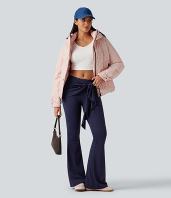 Hooded Long Sleeve Plaid Casual Down Jacket with Pockets