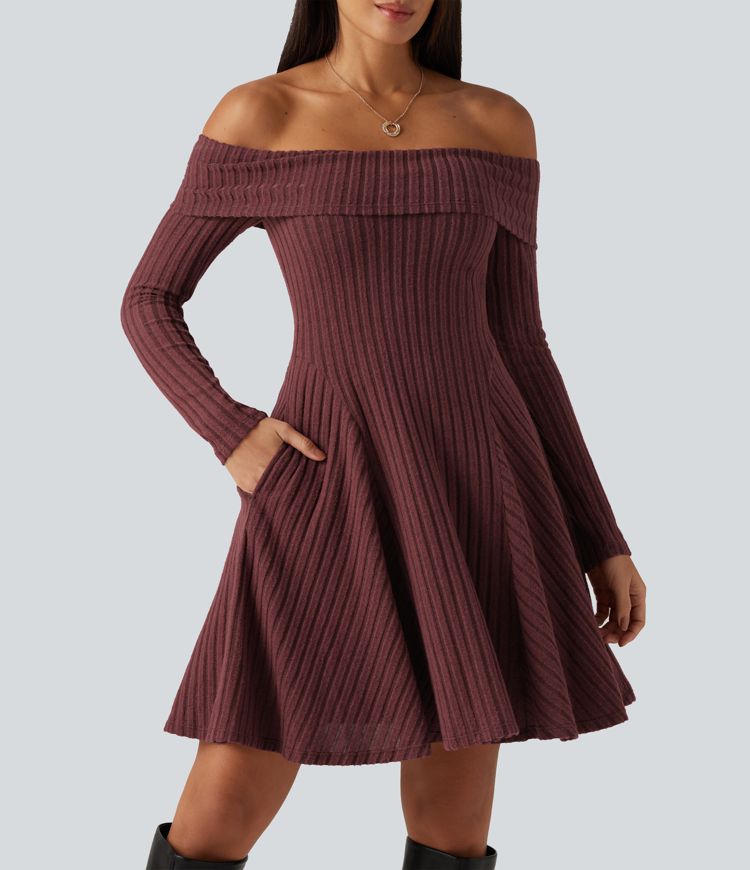 Ribbed Knit Off Shoulder Long Sleeve Built-in Bra Mini Casual Dress with Pockets