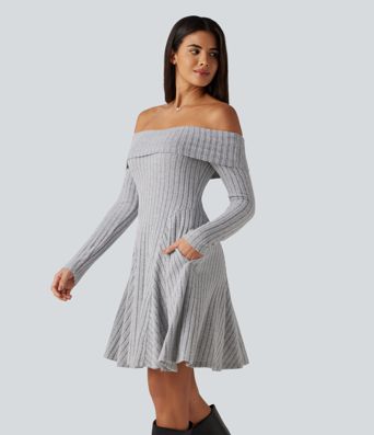 Ribbed Knit Off Shoulder Long Sleeve Built-in Bra Mini Casual Dress with Pockets Ribbed Knit Off Shoulder Long Sleeve Built-in Bra Mini Casual Dress with Pockets