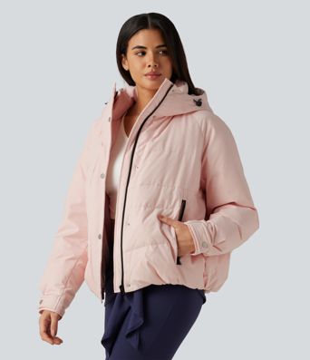 Hooded Long Sleeve Plaid Casual Down Jacket with Pockets